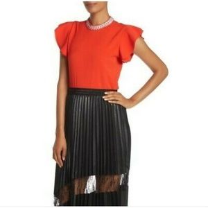 Gracia Necklace Trim High Neck Tiered Sleeve Top